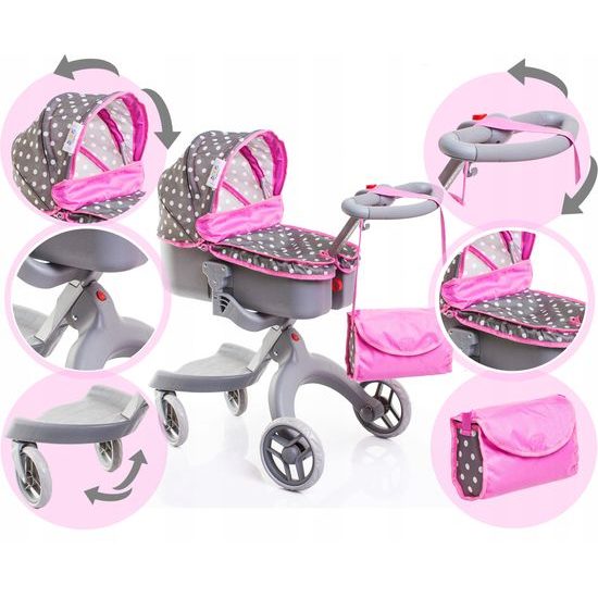 Doris moderní hluboký kočárek pro panenky 9631 šedo-růžový