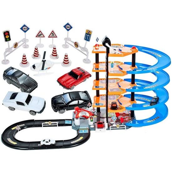 Parkovací garáž s výtahem, helikoptérou a 4 autíčky Driveway