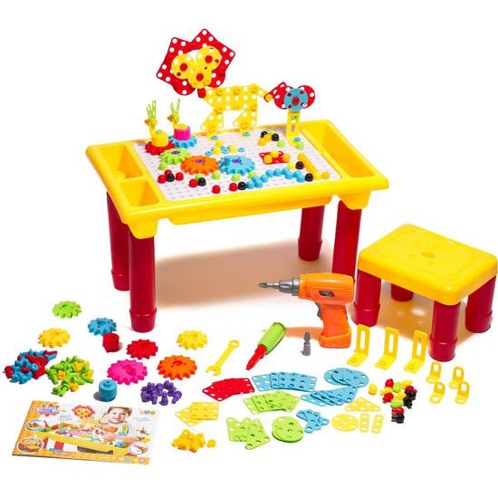 3D konstrukční stavebnice s vrtačkou na baterie, stolečkem a židličkou Magic Panel 296 ks