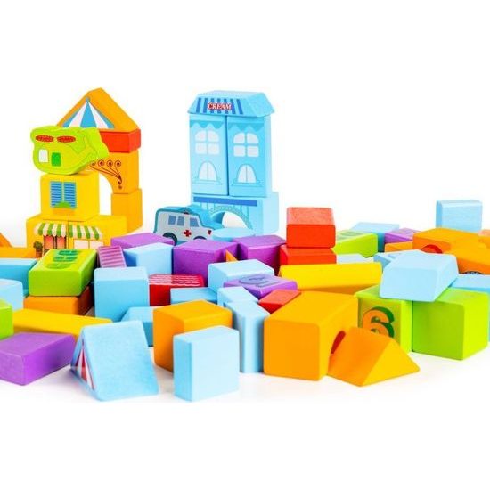 Ecotoys sada dřevěných kostek v kyblíku 100 ks v Městečko