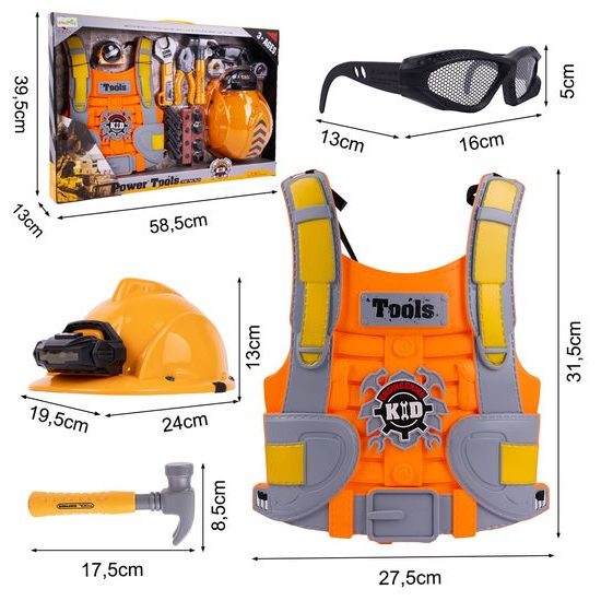 Velká sada dětského nářadí s helmou na baterie a vestou