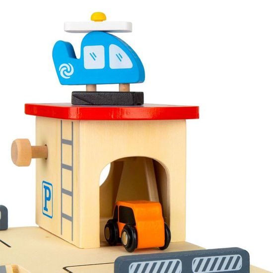 Ecotoys dřevěná garáž se 2 autíčky, výtahem a helikoptérou Wooden Garage