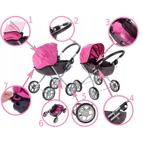 Kočárek pro panenky Princess šedo-růžový