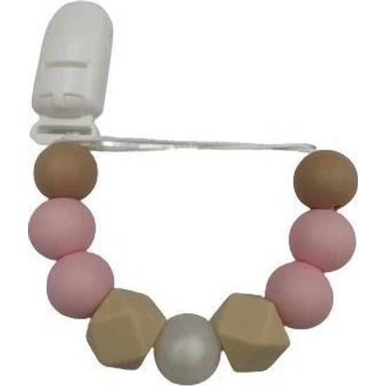 Dřevěný přívěsek na dudlík - růžová, bílá, korálky