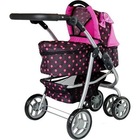 Kočárek pro panenky 2v1 s taškou - černý s růžovými puntíky