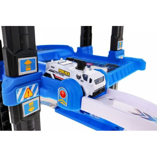 Parkovací garáž s výtahem na baterie, autíčky a hrací podložkou Police Garage