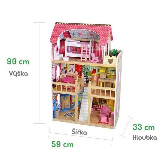 Ecotoys dřevěný dvoupatrový domeček pro panenky Malinová + 2 panenky