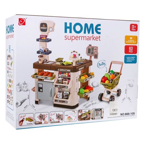 Dětský obchod Supermarket s nákupním vozíčkem - hnědý