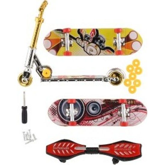 Sada skateboard šroubovací, koloběžka prstová, waveboard s doplňky - mix druhů