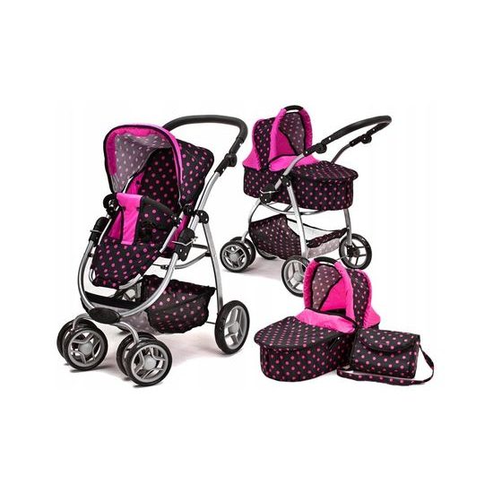 Doris velký sportovní kočárek pro panenky 3v1 - 9662 černý s puntíkama