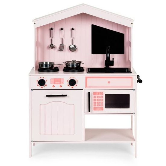 Ecotoys dětská dřevěná kuchyňka s příslušenstvím Domeček - růžová
