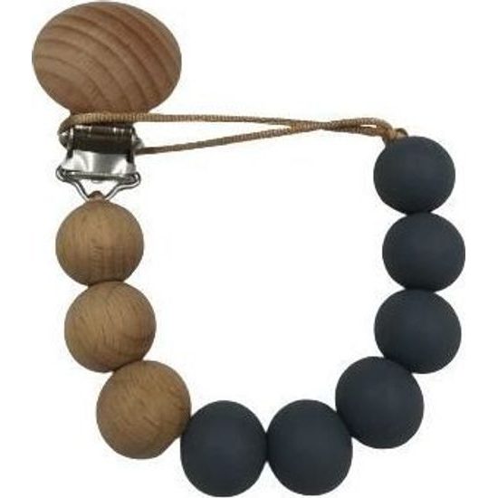 Dřevěný přívěsek na dudlík - přírodní, petrolejová, korálky