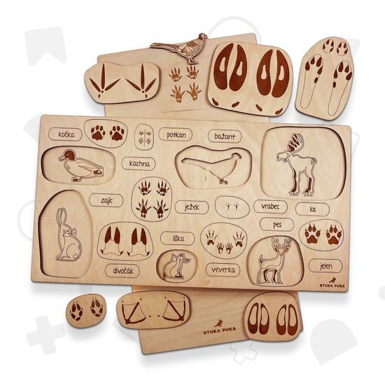 Stopy zvířat- edukativní dřevěné puzzle - ČESKÁ VERZE