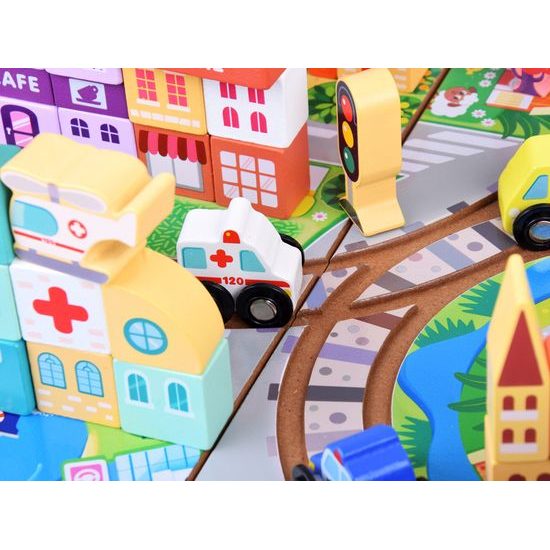 Dřevěná vláčkodráha MĚSTO + kufřík 89 ks