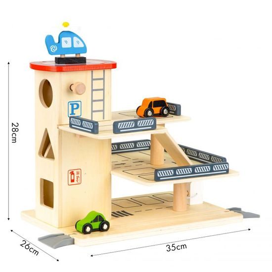 Ecotoys dřevěná garáž se 2 autíčky, výtahem a helikoptérou Wooden Garage