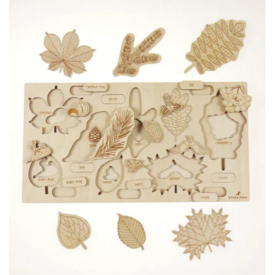 Stromy, listy a plody -- edukačná drevená puzzle 26x49 CM SLOVENSKÁ VERZIA