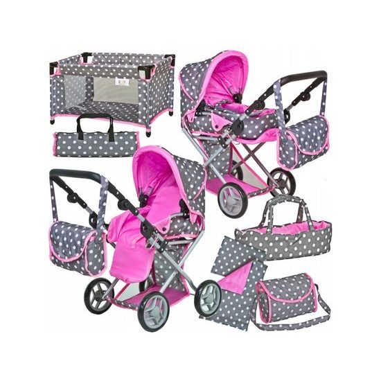 Doris kočárek pro panenky 5v1 šedý