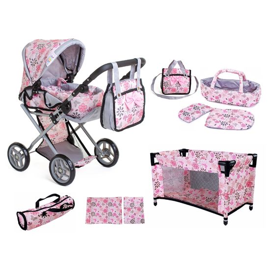 Doris kočárek pro panenky 5v1 světle růžový s kytičkami