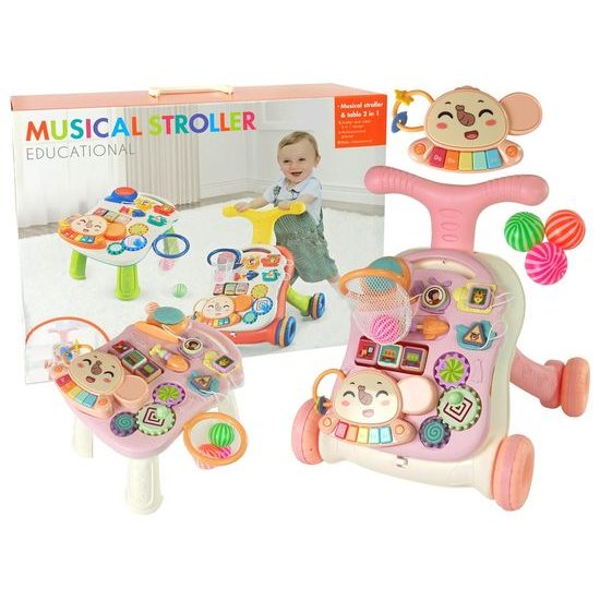 Interaktivní chodítko s hracím stolečkem Music Stroller 2v1 růžové