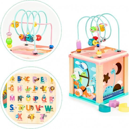 Ecotoys dřevěná edukační kostka s labyrintem Dino Cube 5v1