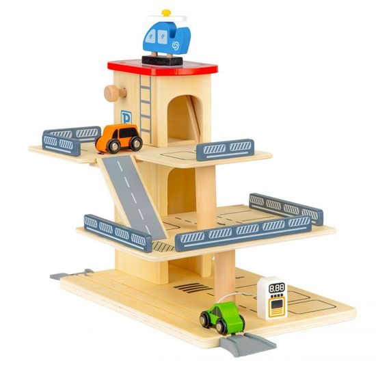 Ecotoys dřevěná garáž se 2 autíčky, výtahem a helikoptérou Wooden Garage
