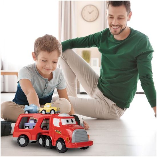 Nákladní auto se 3 autíčky, helikoptérou, světly a zvuky Transport Car červené