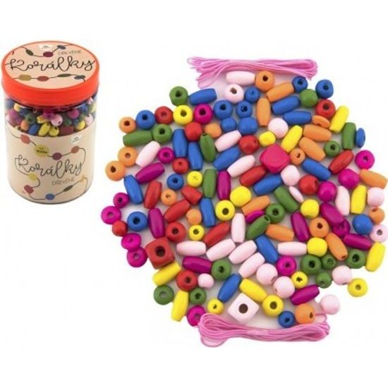 Korálky dřevěné barevné s gumičkami cca 900 ks