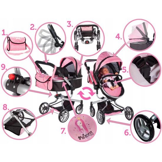 Kombinovaný kočárek pro panenky 2v1 Princess černo-růžový