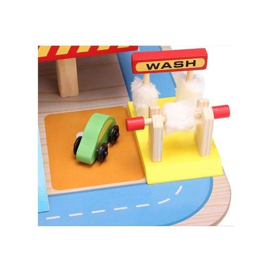 Ecotoys dřevěná garáž s výtahem, autíčky a helikoptérou