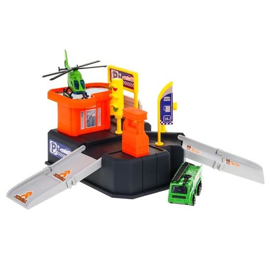 Parkovacia garáž s autíčkom, helikoptérou a hracou podložkou Racing Garage