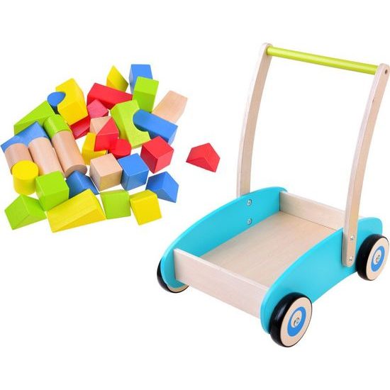 Dřevěné odstrkovadlo, chodítko, kočárek s kostkami