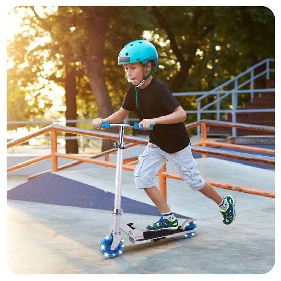 Dětská skládací koloběžka s hliníkovým rámem a svítícími koly - šedo/modrá