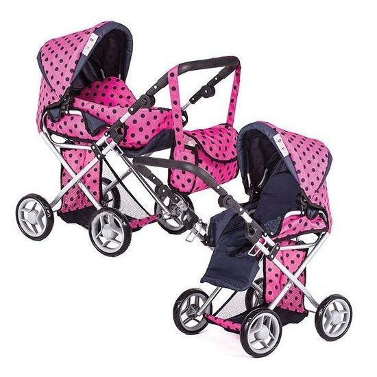 Doris kočárek pro panenky kombinovaný - 9346 růžový s puntíkama