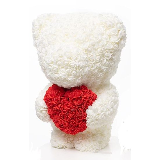 Medvídek z růží bílý s červeným srdcem Rose Bear 60 cm