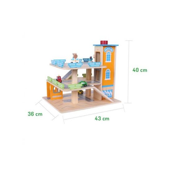 Ecotoys dřevěná patrová garáž s výtahem a autíčky