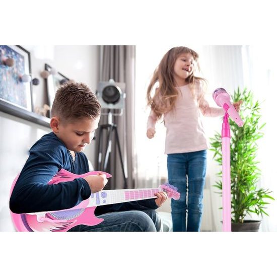 Dětská elektronická kytara se stativem a mikrofonem Guitar Micset - růžová
