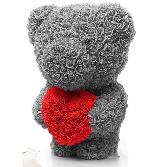 Medvídek z růží šedý s červeným srdcem Rose Bear 60 cm