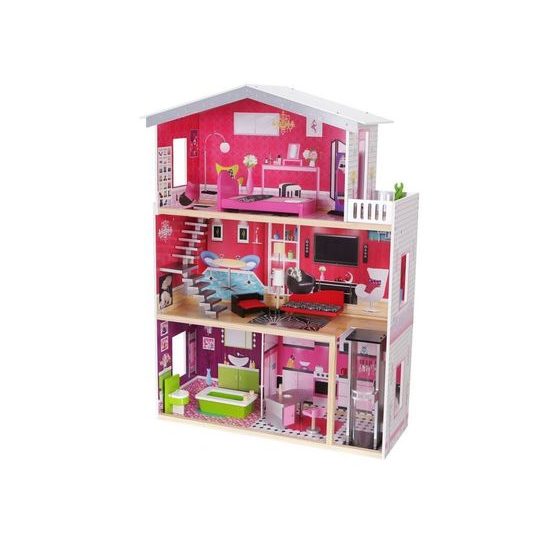Ecotoys velký dřevěný domeček pro panenky Malibu s výtahem + panenka
