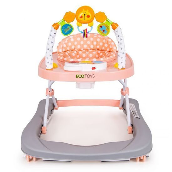 Ecotoys dětské chodítko s hračkami a melodiemi Lvíček šedo-růžové