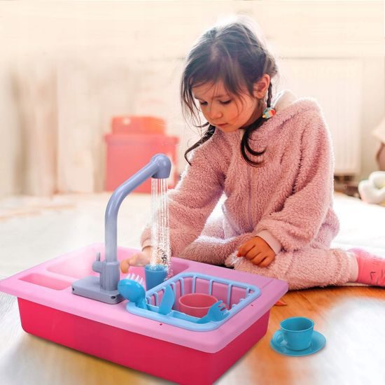 Dětský dřez s tekoucí vodou a nádobím Wash Up růžový