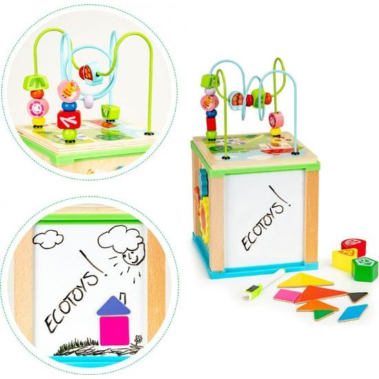Ecotoys dřevěná edukační kostka s labyrintem Mouse Cube 5v1