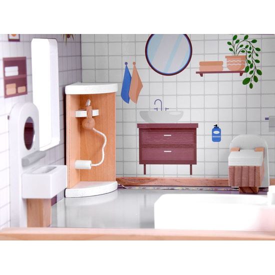 Dřevěný domeček pro panenky s LED osvětlením rezidence Boho