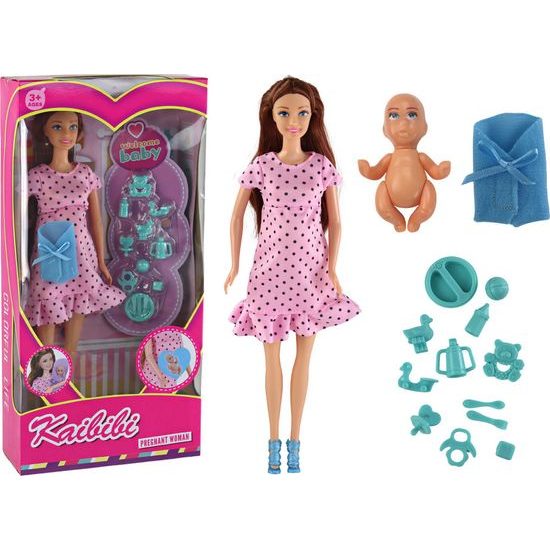 Těhotná panenka v puntíkových růžových šatech s doplňky