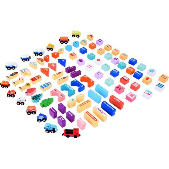 Dřevěná vláčkodráha MĚSTO + kufřík 89 ks