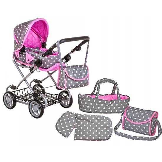 Doris kočárek pro panenky kombinovaný 9346W šedo-růžová