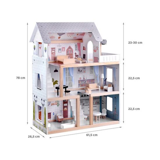 Dřevěný domeček pro panenky s LED osvětlením rezidence Boho