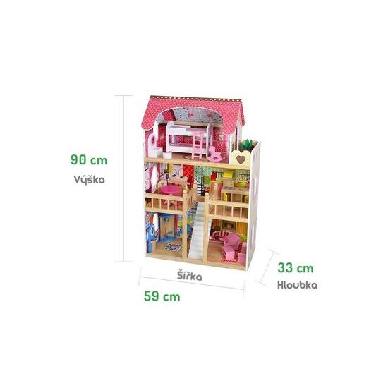 Ecotoys dřevěný dvoupatrový domeček pro panenky Malinová + 2 panenky