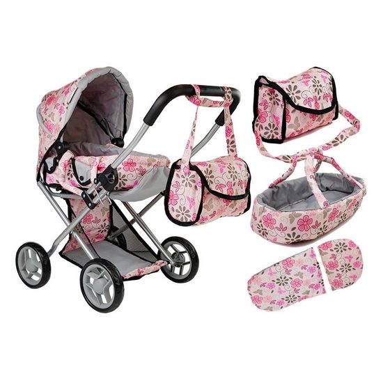 Kočárek pro panenky Alice 9346D světle růžový s kytičkama