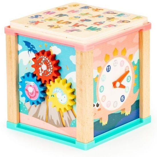 Ecotoys dřevěná edukační kostka s labyrintem Dino Cube 5v1