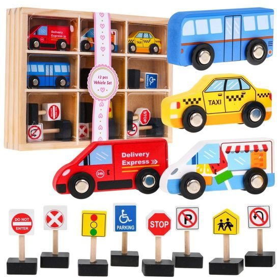 Majlo Toys sestava dřevěných autíček a dopravních značek 12 kusů